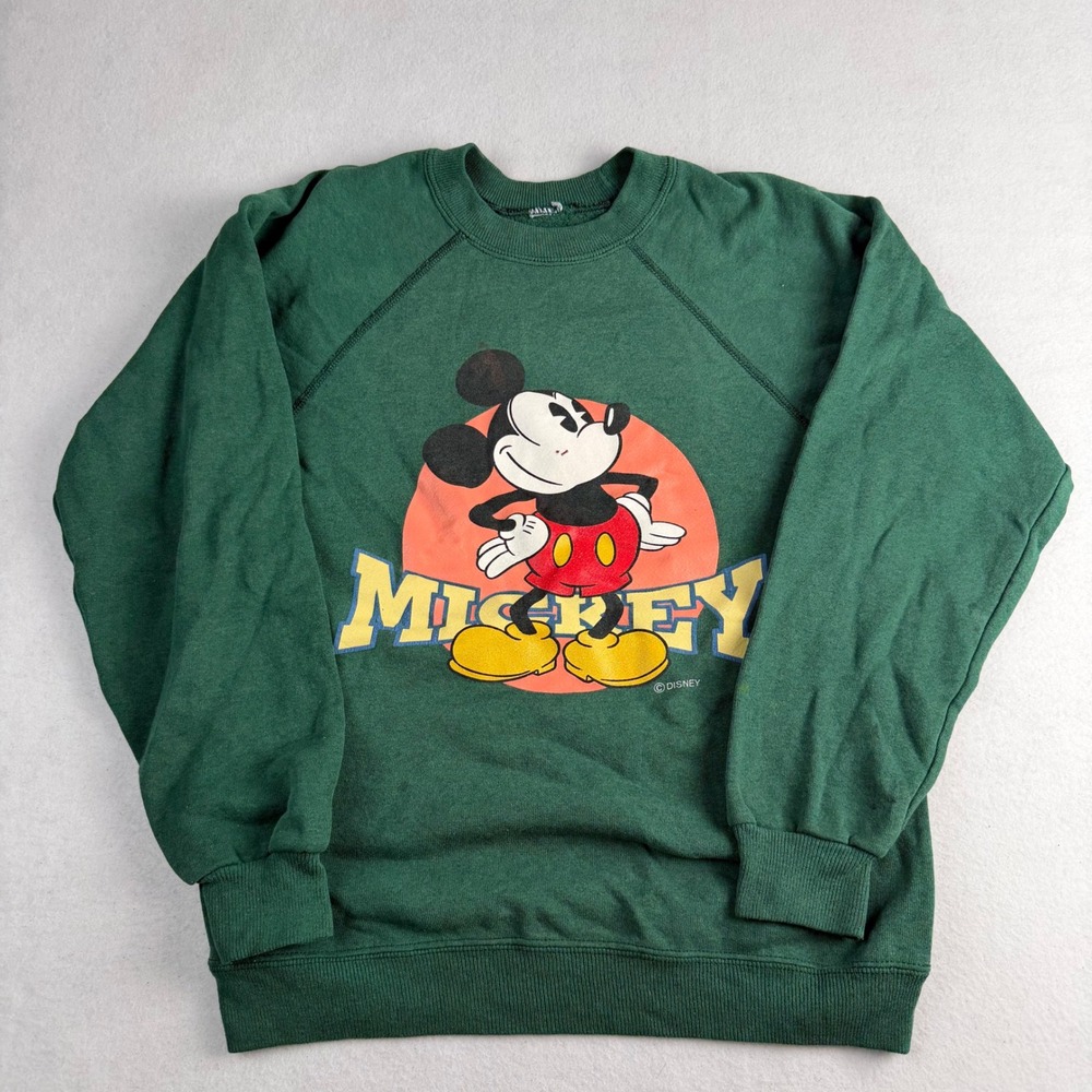 Vintage 80s Mickey Mouse Kids Green Raglan Sweatshirt Disney Graphic Pullover